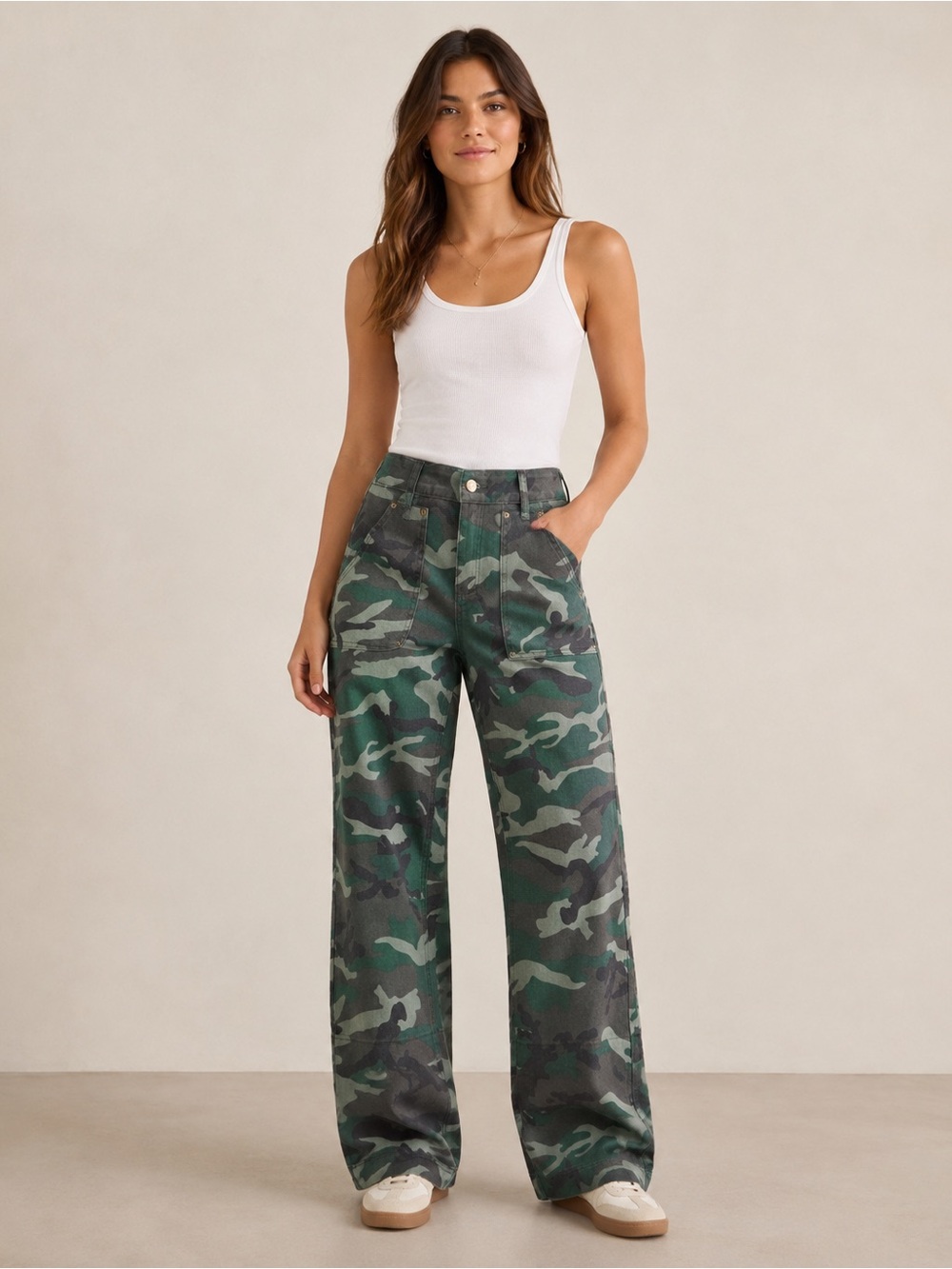 Flamingals Camo Wide Leg Utility Pants High Rise Patch Pocket